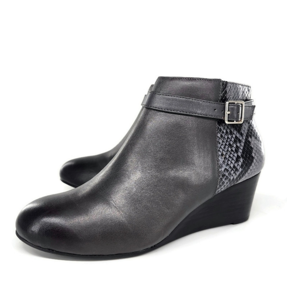 Vionic Shasta Grey & Snake Print  Waterproof Low Wedge Heel Ankle Booties